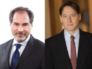 Portraits of Richard Sarnoff (KKR Private Equity) and Jonathan Karp (Simon and Schuster)