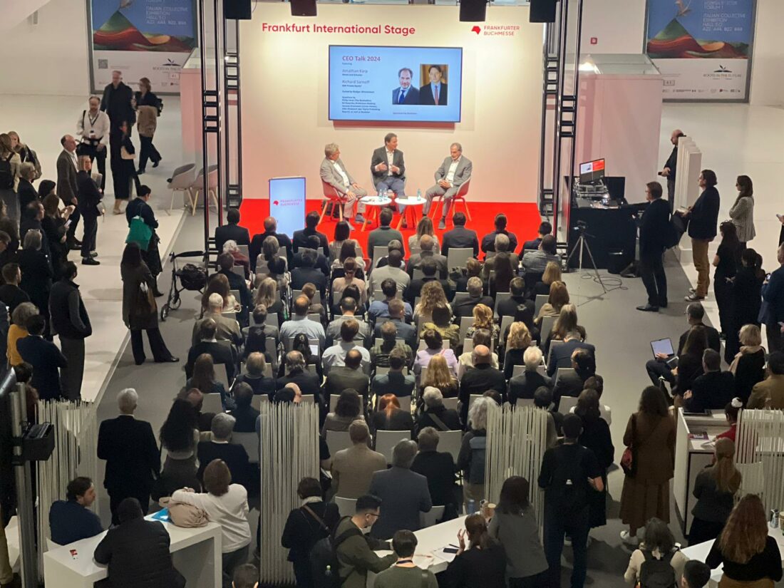 CEO Talk 2024 Frankfurt Book Fair with Richard Sarnoff, KKR Private Equity, Jonathan Karp, Simon and Schuster, and Ruediger Wischenbart, moderator.