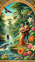 Cover of the AI generated story of Canticle. A couple with a young man and woman in a paradise landscape with a dark shadowy person in the background.